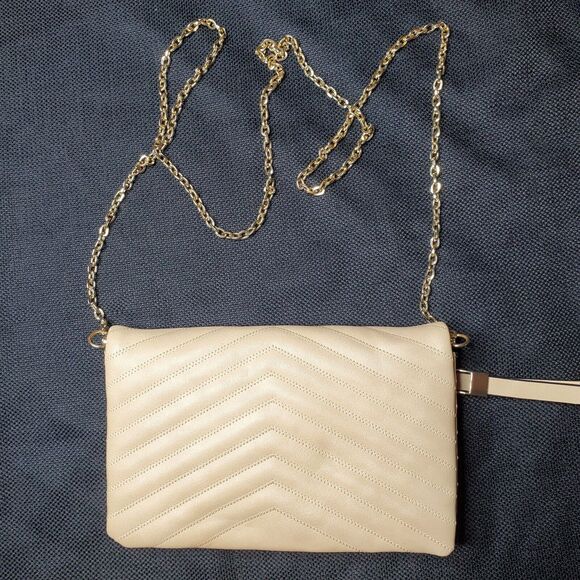 Vegan Quilted Beige Leather Crossbody Purse Clutch Gold Chain Urban Expressions - Picture 3 of 14